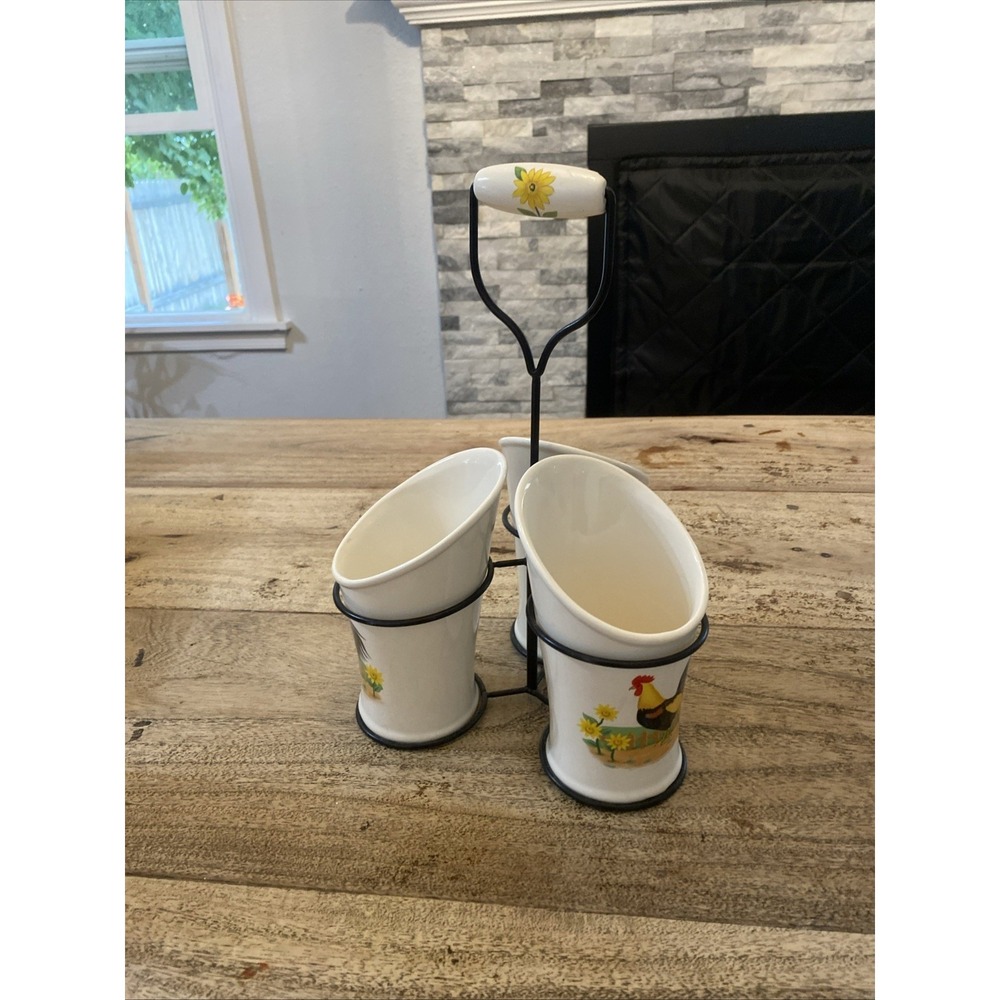 VTG Ceramic Flatware Silverware Rooster Sunflower Caddy